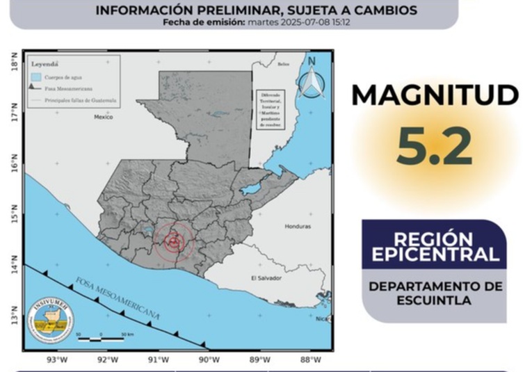 Sismo de magnitud 5.2 sacude el departamento de Escuintla