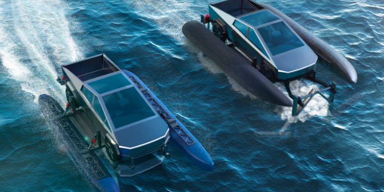 Diseñan un accesorio para la camioneta eléctrica Tesla Cybertruck que permitirá convertirla en un bote