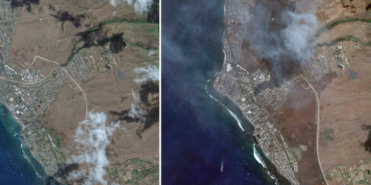 Imágenes satelitales del antes y el después de los devastadores incendios forestales en Hawái