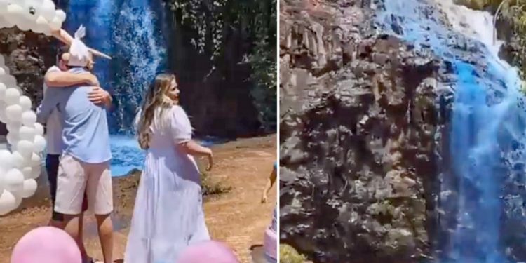 pareja causa indignación en Brasil tras pintar de azul una cascada para revelar el sexo de su bebé