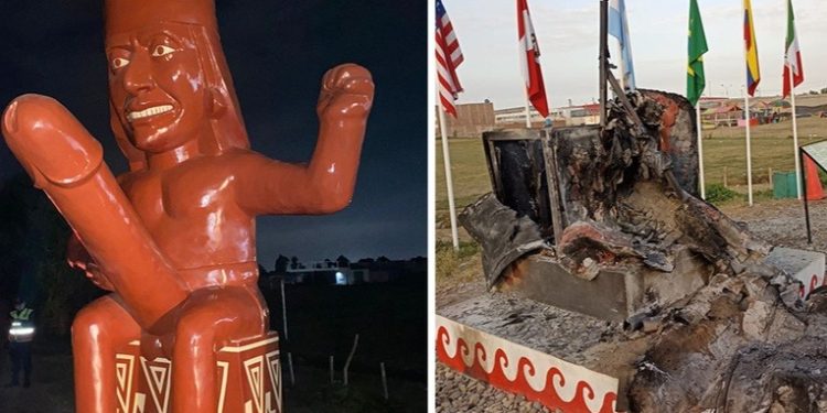 Queman la polémica estatua del huaco erótico inaugurada hace menos de un mes en la costa norte de Perú